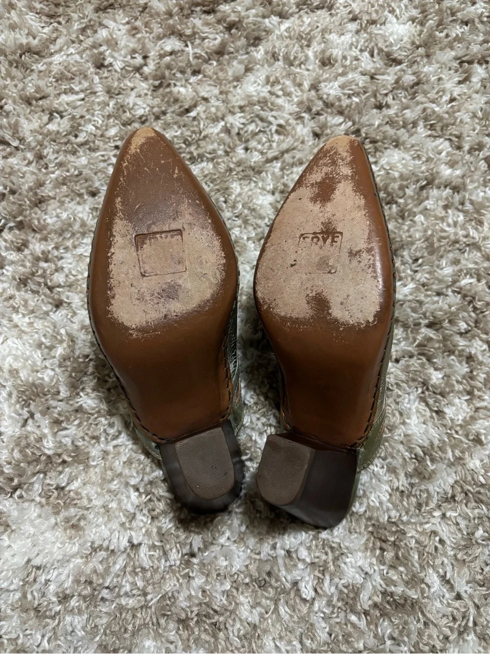 Y2K Frye Western Heeled
Mules Women's Size 7 1/2 Green
Genuine Leather Western - Picture 6 of 7